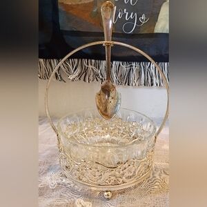 Vintage Crystal Serving Bowl w/ Silverplate Carrier And Spoon Made In England